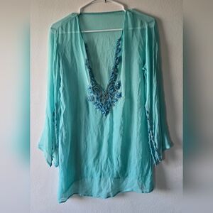 Embellished V-Neck Aqua Tunic Top / Cover Up